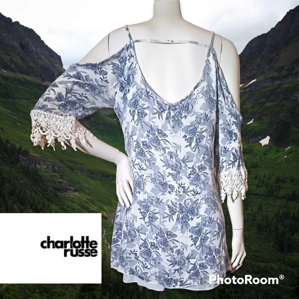 Mini Dress or Tunic Cold Shoulder Open Back Crochet Cottagecore Floral M Lg - Picture 3 of 7